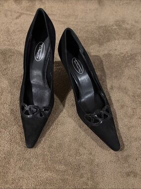 Talbots Black Suede Pointed-Toe Kitten Heel Pumps w/ Leather Accents - Size - 8